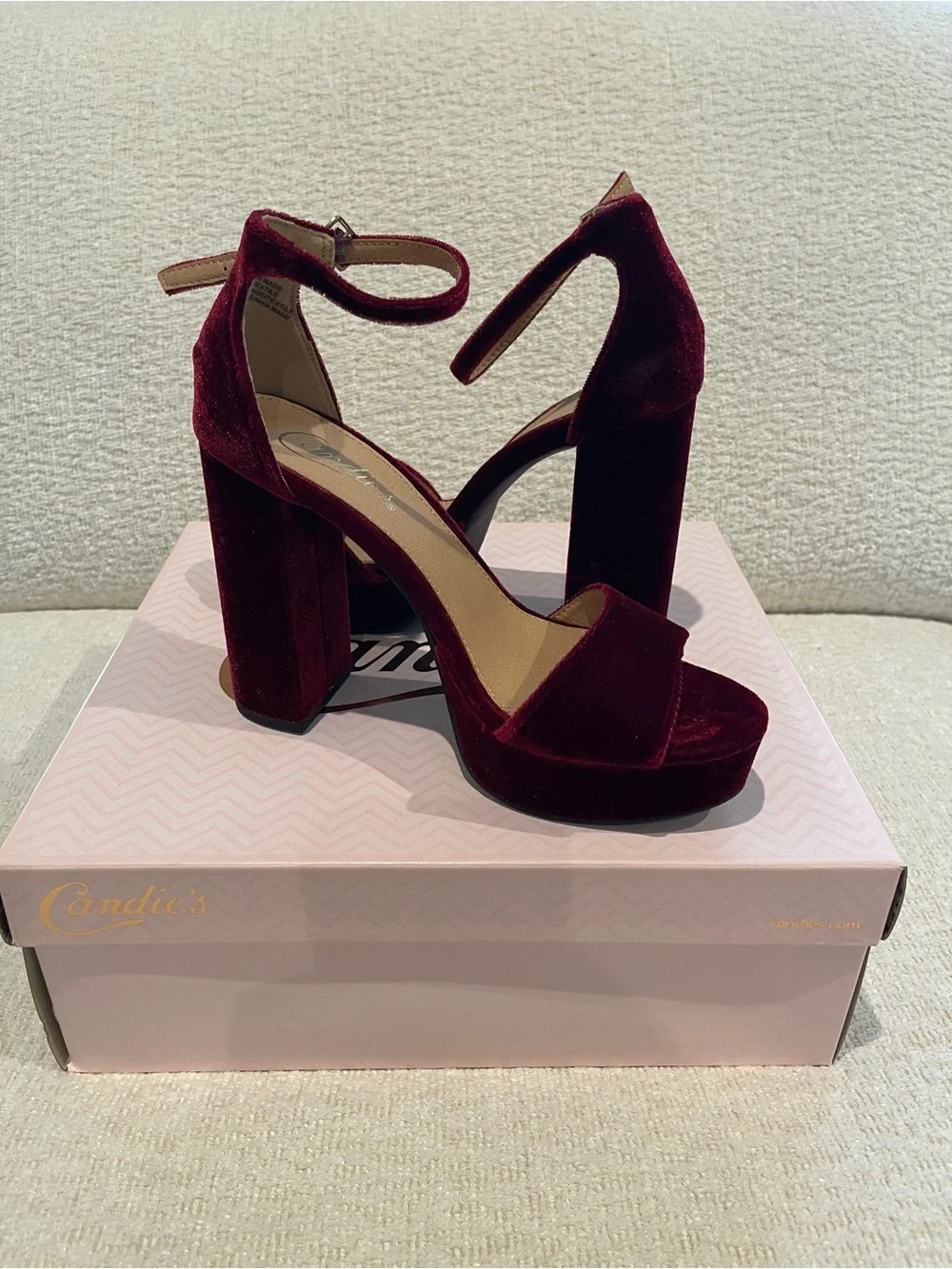 Candie’s Velvet Ankle-Strap Platform Heels - Wine Velvet